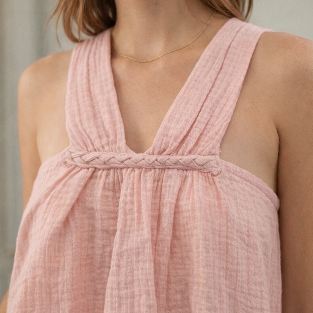 HEYSON Pink Cotton Gauze Halter Tank | Braided Trim | Open Back | NWT